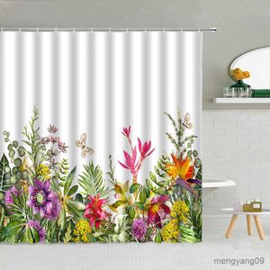 Rideaux de douche 3D Simple plante florale rideau de douche couleur fleur feuille verte papillon tissu salle de bain décor fournitures rideaux suspendus lavable R230830