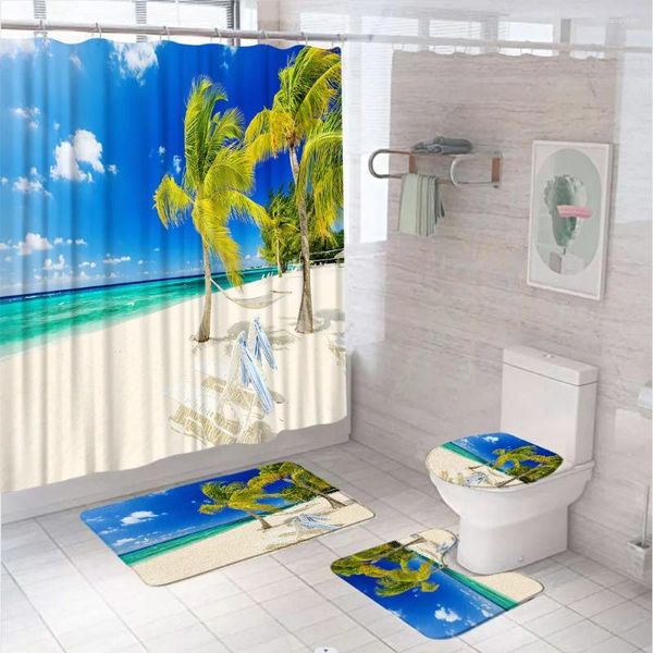 Cortinas de ducha 3D Starfish Cortina de playa Cortinas Ocean Sea Scayer Baño de palmera Baño de baño sin desliz