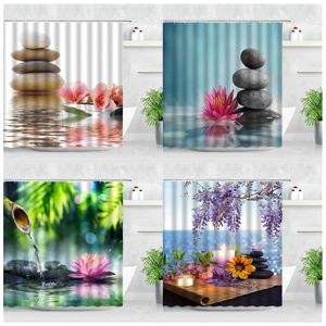 Douchegordijnen 3d stenen zen gordijn set roze lotus kaarsen spa waterdicht polyester badkamer decor accessoire stoffen bad