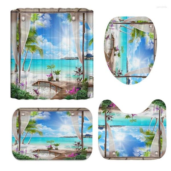 Rideaux de douche 3D Sunny Beach Rideau imprimé Set Sea Paysage Écran de bain Salle de bain imperméable Tapis antidérapant Tapis