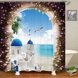 Rideaux de douche 3d Sunny Seaside à l'extérieur de l'arche Fleur Impression de salle de bain Curtain Polyester Décoration de maison imperméable avec crochet