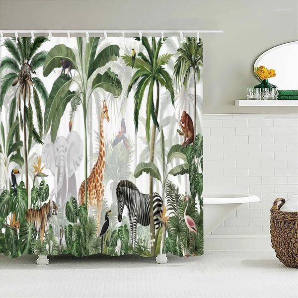 Cortinas de ducha 3D Tropical planta palmera Cortina de animales Baño impermeable a impermeabilización de la bañera de tela con 12 ganchos