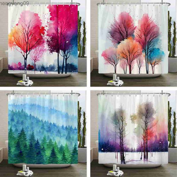 Rideaux de douche 3D aquarelle arbre rideau de douche plante motif floral imprimé tissu imperméable salle de bain rideau décor avec R230822