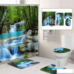 Douche gordijnen 3D waterval landschap waterdichte douchegordijn badkamer landschap bomen bloem bad mat set set voetstuk deksel toilet dhqzy