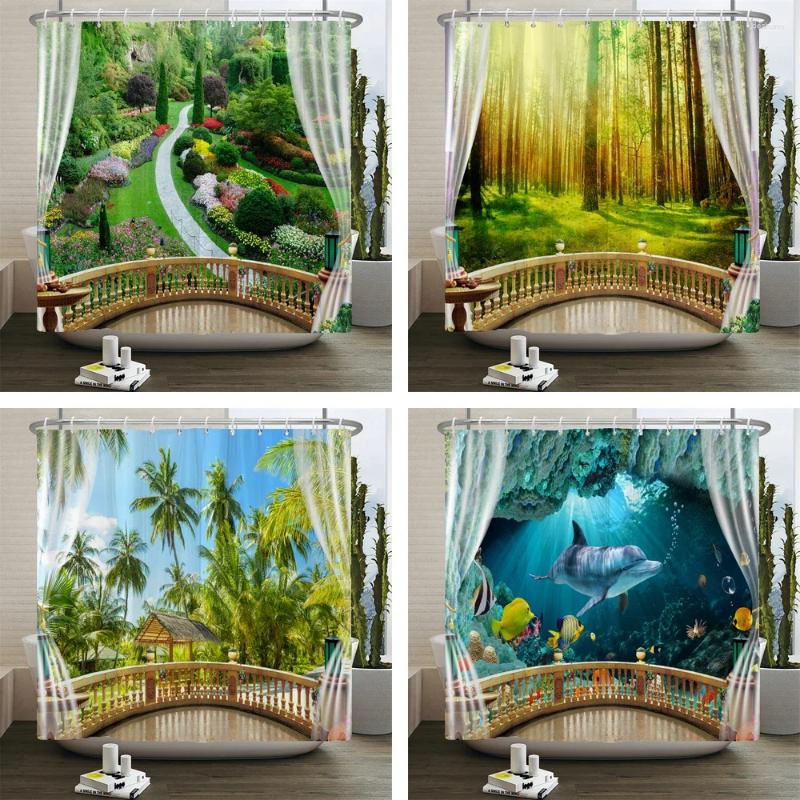 Duschvorhänge 3D wasserdichtes Stoff Polyester Landschaft außerhalb des Fensterbades mit Haken Badewanne Dekor Bildschirm