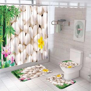 Douche gordijnen 3d witte kiezelsteen bamboe gordijn set lotus bloembladeren badkamer 4 st