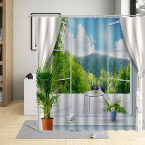 Rideaux de douche 3D fenêtre vue rideau printemps forêt paysage paysage naturel salle de bain avec crochet maison imperméable lavable tissu tissu