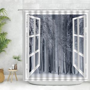 Douchegordijnen 3d raam winterbosgordijn set boom sneeuw natuurlijk landschap muur decor hangende badkamer badkuip scherm haken