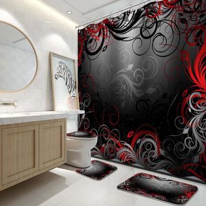 Rideaux de douche 4 pièces ensemble de rideaux noir rouge or Floral avec tapis antidérapant couvercle de couvercle de toilette et tapis de bain décor de salle de bain 72 