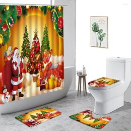 Cortinas de ducha 4 piezas Conjunto de cortinas Feliz Navidad Papá Noel Sowman Año Decoración de baño Alfombras antideslizantes Tapa de inodoro Alfombras de baño
