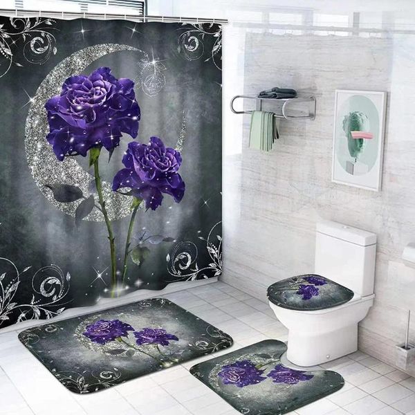 Rideaux de douche 4 PCS Purple Rose Sets avec tapis sans glissement de toilette couvercle de salle de bain Sliver Grey Moon Floral Room Decor Decor