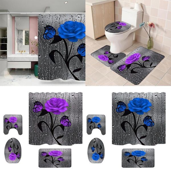 Rideaux de douche 4 pièces Rose couvercle de couvercle de toilette et ensemble de tapis de salle de bain accessoires ensembles de rideaux abstrait