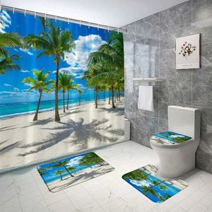 Rideaux de douche 4 PCS Seaside Beach Shower rideau de douche set Sky Blue Sky Ocean Coconut Tree Tropical Nature Landscape Bath Bath Curtain Decor Decor