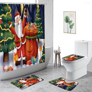 Rideaux de douche 4 PCS Set rideau Joyeux Noël Santa Claus Rendeer avec tapis sans glissement couvercle de toilettes de toilette Bath Bath Bathroom Decor