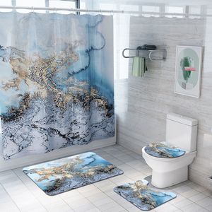 Rideaux de douche 4 pièces 3D bleu marbre imprimé rideau de douche couverture de tapis couverture de toilette tapis de bain ensemble de coussin salle de bain rideau avec 12 crochets décor à la maison 230322