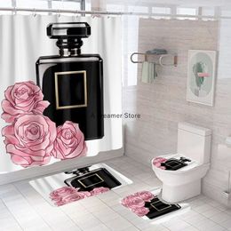 Douchegordijnen 4 stuks Luxe Parfumflesje Bloem Gedrukt Douchegordijn Decor Badkamer Waterdichte Hoes Schermmat Wc-deksel 230919