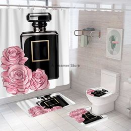 Rideaux de douche 4 pièces luxe bouteille de parfum fleur imprimé rideau de douche décor salle de bain couverture étanche écran tapis couvercle de toilette 230820