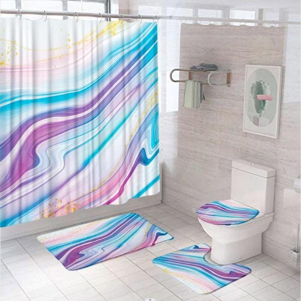 Rideaux De Douche 4Pc Bleu Violet Marbre Rideau Ensemble Étanche Abstraite Salle De Bains Écran Antidérapant Tapis De Bain Toilette Couvercle Couverture Tapis Tapis Maison