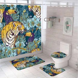 Rideaux de douche 4pc Tiger Bird Tropical Jungle Curtain Set Fetes Leopard Parrot Toucan Butterfly Salle de bain Tapis de bain sans glissement