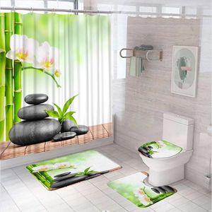 Douche gordijnen 4 stks zwart zen steengordijn set groen bamboe tuinlandschap badkamer decor niet-slip kleed toilet deksel deksel badmat