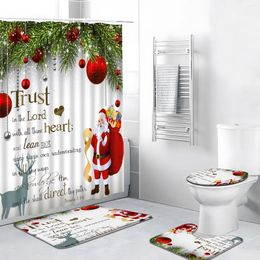 Cortinas de ducha 4 PPC Cortina de Navidad con alfombra Cita inspiradora Caricatura Santa Claus Año Tema festivo Mat de baño de poliéster