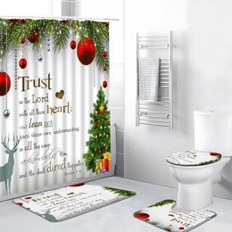 Douchegordijnen 4 stks kerstgordijn set met kleed Inspirerend citaat Cartoon Xmas Tree Jaar feestelijk thema polyester badkamermat