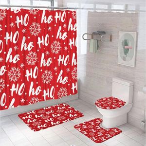 Rideaux de douche 4 pièces ensemble de rideaux de décoration de Noël tapis antidérapant couverture de couvercle de toilette tapis de bain Noël HO flocon de neige rouge salle de bain tissu écran maison