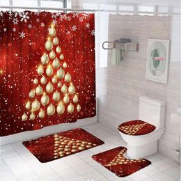 Rideaux de douche 4pcs Christmas Gold Ball Curtain Ensemble avec tapis couvercle de toilette Couvercle de Noël Tree Snowflake Festive Salle de bain 12 crochet