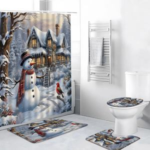 Rideaux de douche 4pcs Ensemble de Noël avec tapis drôle de neige drôle Bird rouge Hiver Forest House Clènement Année de salle de bain Décor de salle de bain Mat de bain