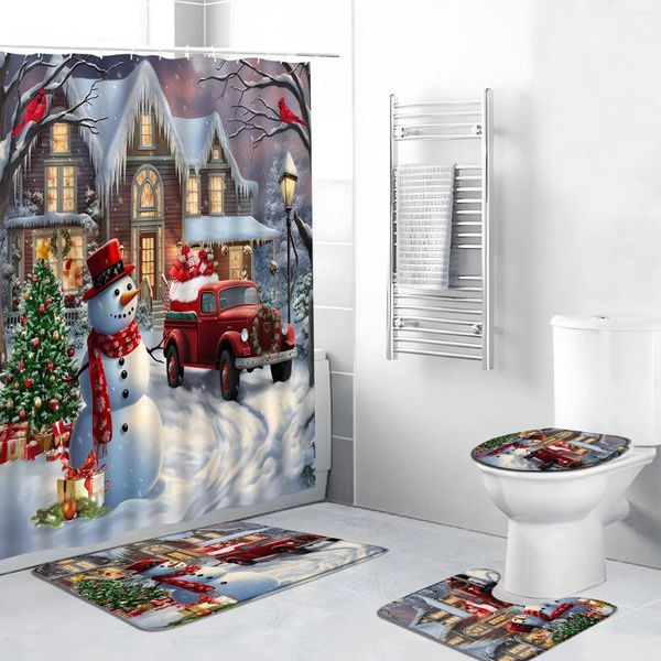 Rideaux de douche 4pcs Ensemble de Noël avec tapis Snowman Red Bird Truck Osmas Tree Tree Hiver Année de salle de bain Décor de salle de bain Mat de bain