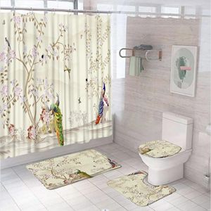 Rideaux de douche 4pcs rideaux ensembles de style chinois fleur oiseau de fleur de paon de paon couvrave de papillon avec tapis de bain tapis de toilette couvercle