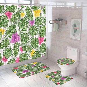 Douchegordijnen 4 stcs gordijnsets tropische groene bladeren palmboom bloem niet-slip tapijt toiletkapbadmatten bloemen badkamer decor scherm