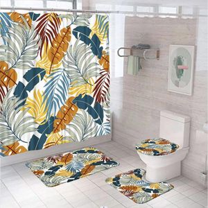 Douchegordijnen 4 stks gordijnsets tropische groene bladeren palmboom niet-slip vloerkleed toilet deksel deksel badmat regenwoud badkamer decor scherm