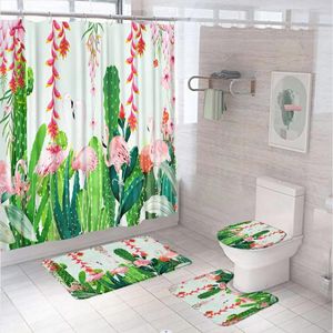 Rideaux de douche 4pcs Flamingo Floral Salle de bain Curtain Summer Western Cactus Tropical Plant Bath Mat de bain en forme de tapis UP