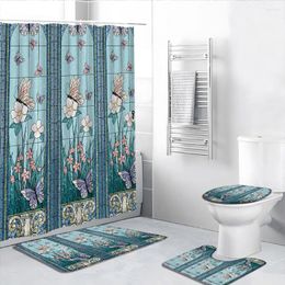 Rideaux de douche 4pcs rideaux botaniques floraux printemps papillon jardin feuille de feuille moderne conception de salle de bain cover de toilette de salle de bain tapis de bain de bain