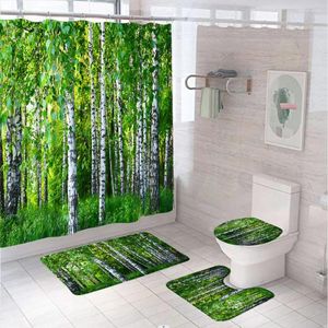 Rougeons de douche 4pcs Green Tropical Plant Forest Landscape Curtain Set Grass Feuilles Décors Tapis de bain Tapis Tobine de toilette pour décoration de salle de bain
