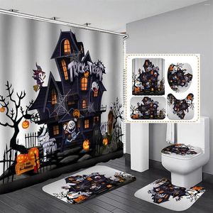 Rideaux de douche 4pcs ensembles de rideaux d'Halloween avec tapis sans glissement couvercle de couvercle de toilettes et matrice de bain hantée maison citrouille décor de salle de bain