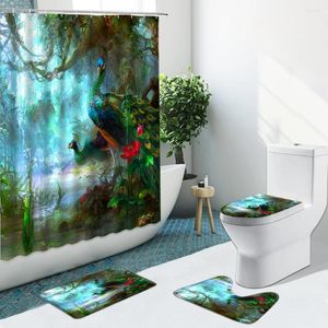 Douchegordijnen 4 stcs pauwen bedrukt gordijn dierbloemboom groen blad badkamer set niet-slip tapijten badmat toiletkap tapijtkussen
