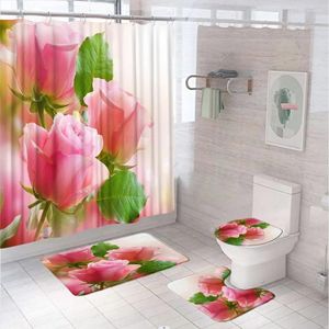 Rideaux de douche 4pcs Rose Rose Fabric Curtain Ensemble avec crochets Couvre-toilette antidérapant tapis de bain de bain Fleur Fleur Feuilles vertes Écran de décoration de salle de bain