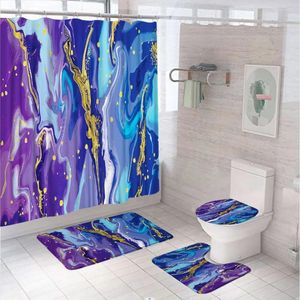 Douchegordijnen 4 stks paars blauw goud marmeren gordijn sets kleurrijke luxe badkamer niet-slip badmatten voetstuk tapijt toilethoezen