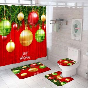 Douchegordijnen 4 stks rood gordijnset kleurrijke kerstbal sneeuwvlokken niet-slip kleed toilet deksel deksel badmat xmas badkamer decor scherm