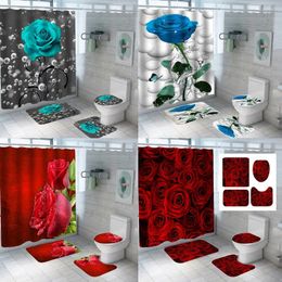 Cortinas de ducha 4 piezas juegos de cortina de rosa roja con alfombras cubiertas de baño tope bañera de baño impermeable tela floral lavable