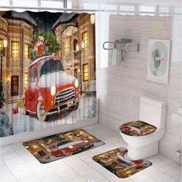 Rideaux de douche 4pcs Rouge de Noël camion rouge Set Noël cadeau d'hiver Année de salle de bain tapis de salle de bain tapis de couvercle de couvercle de couvercle