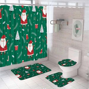 Douchegordijnen 4 stig Santa Claus gordijnset kerstvakantie cadeau Xmas Tree Badkamer Decor Stoffen Scherm Bad Mat Tapje Toiletdeksel Cover