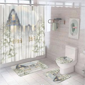 Rideaux de douche 4pcs décors de paysages ensembles d'hiver forêt cèdre sans glissement tapis tapis couvercle couvercle de toilettes de toilette neige paysage du paysage de salle de bain crochets