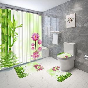 Douchegordijnen 4 Stks/set Bamboe Gordijn Badmat Lotus Water Landschap Bedrukte Stof Badkamer Anti Slip Vloerkleed Wc Deksel