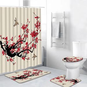 Rideaux de douche 4pcs / ensemble rideau prune rose fleurs oiseaux arbre de style chinois paysages de salle de bain imprimé décor de salle de bain tapis tapis de toilette