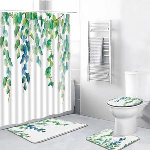 Rideaux de douche 4pcs feuilles vertes de printemps fixées avec tapis aquarelle de la plante de vigne décoration de salle de bain en U