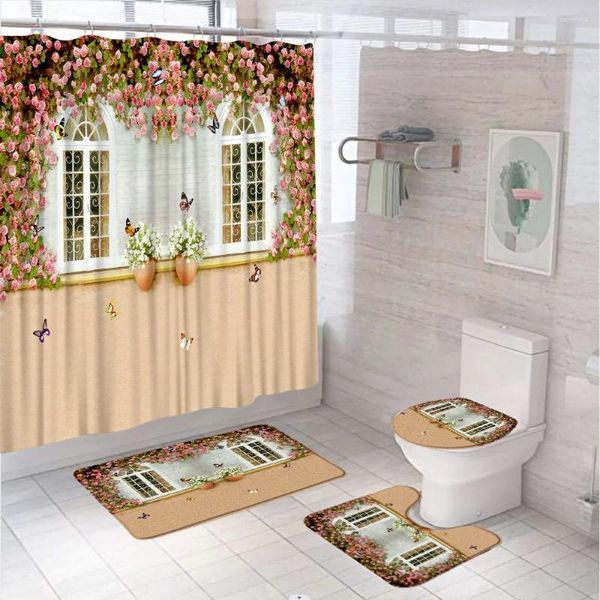 Cortinas de ducha 4 piezas Pedro de piedra Cortina de flores de la ventana para el baño Rose Butterfly Garden Pantal