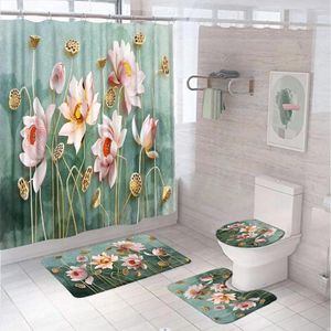 Douchegordijnen 4 stks zomer lotus zaadpod gordijn set voor badkamer decor tuin roze bloem niet-slip tapijt tapijtbadbadmat toilet deksel deksel